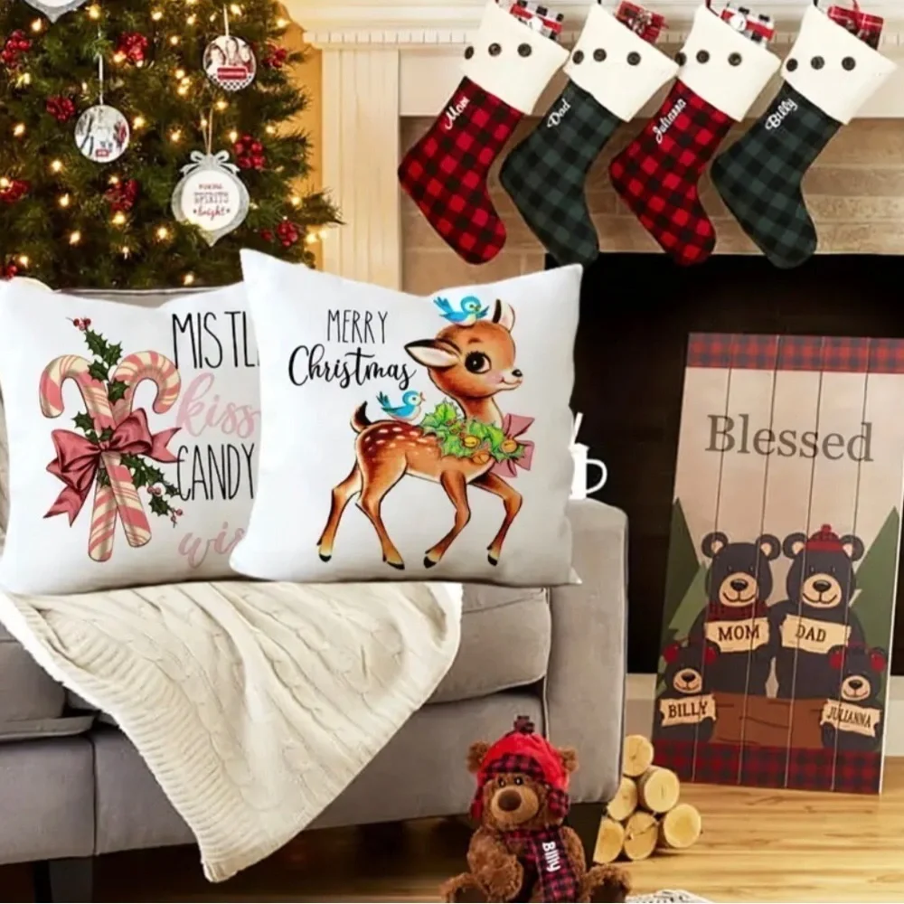 4Pc Vintage Style Christmas Holiday Linen Blend Santa 18” Throw Pillow Covers